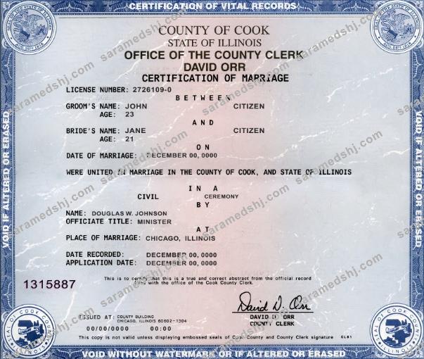 USA state Illinois marriage certificate template in PSD format